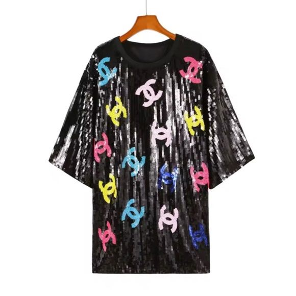 Beautiful Black Sequin Dress/Topwith Colorful Logo - Picture 2 of 3